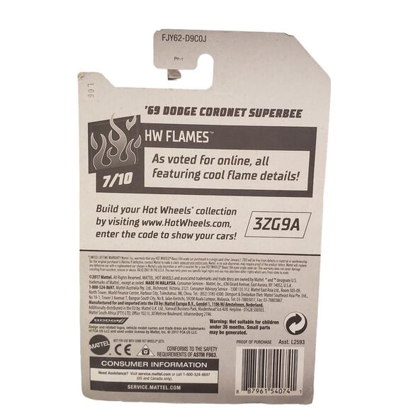 Hot Wheels 69 Dodge Coronet Superbee Numbered Die Cast Car with Flames - Picture 7 of 9